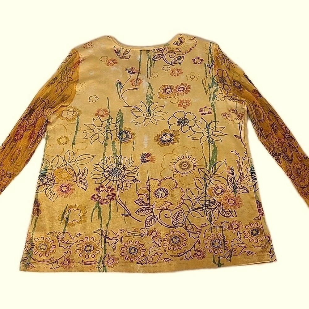 Monroe & Main Womens 1X Yellow Floral 100% Cotton Tunic Top Boho Sheer Sleeves